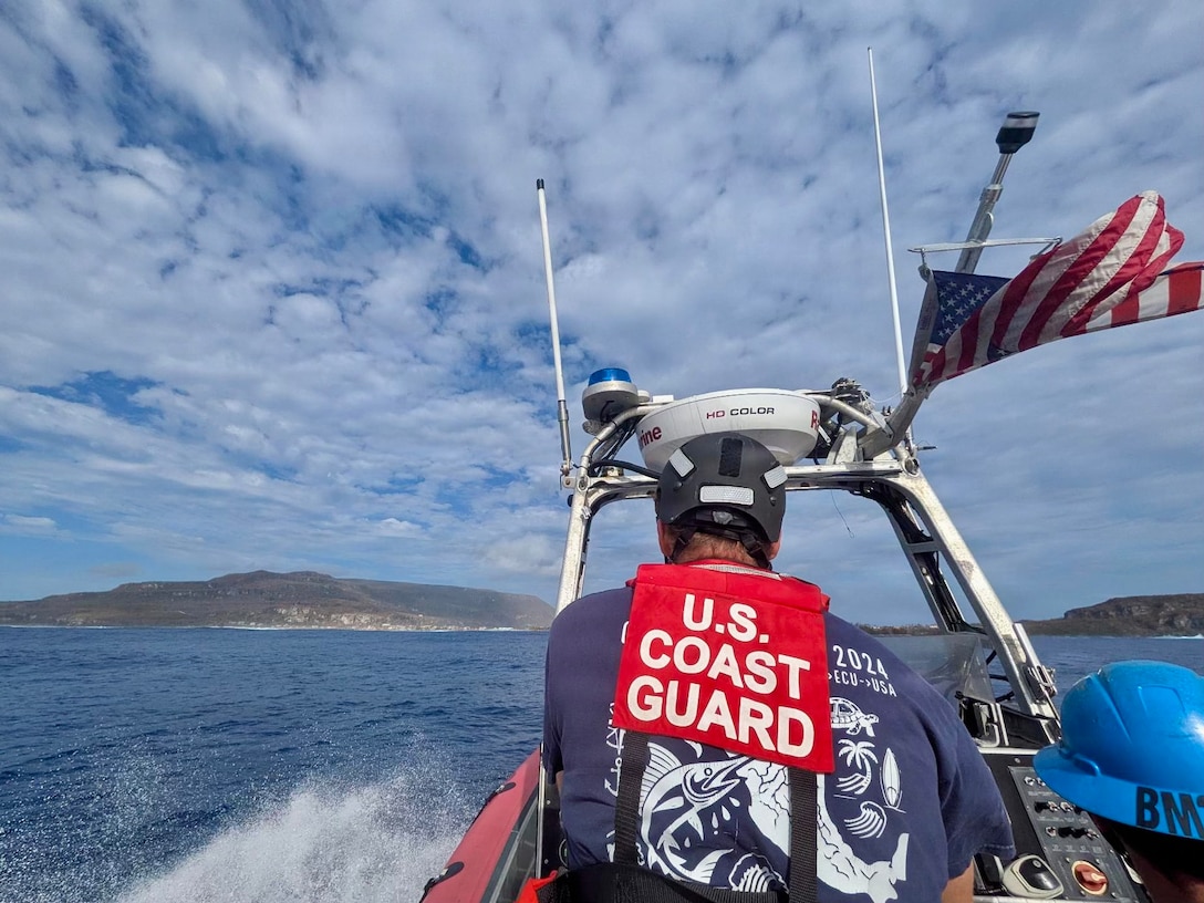 The USCGC Myrtle Hazard (WPC 1139) crew conducts assessments in the harbor of Rota on July 9, 2026, to gauge damage from Super Typhoon Bavi. U.S. Coast Guard crews continue to assess and rectify discrepancies to aids to navigation, waterways, and channel conditions across the Marianas following Super Typhoon Bavi. (U.S. Coast Guard photo by Lt. Drew Lovullo)