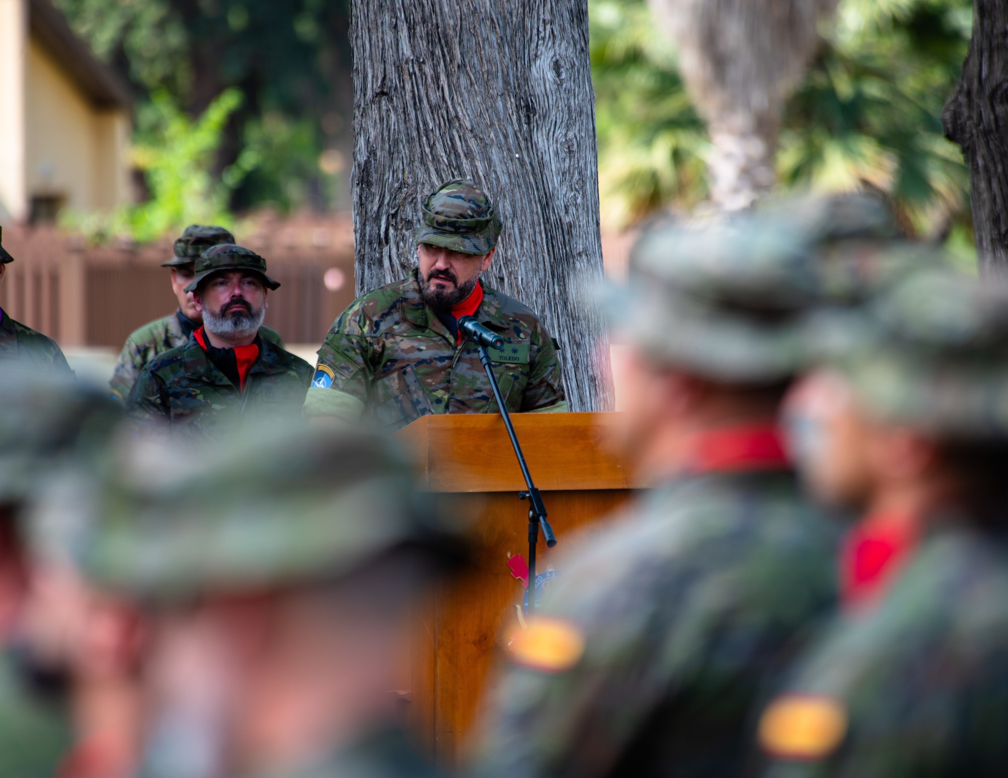 Spanish Lt. Col. Leonardo Toledo Mira, Spanish Patriot Unit incoming commander, delivers remarks.