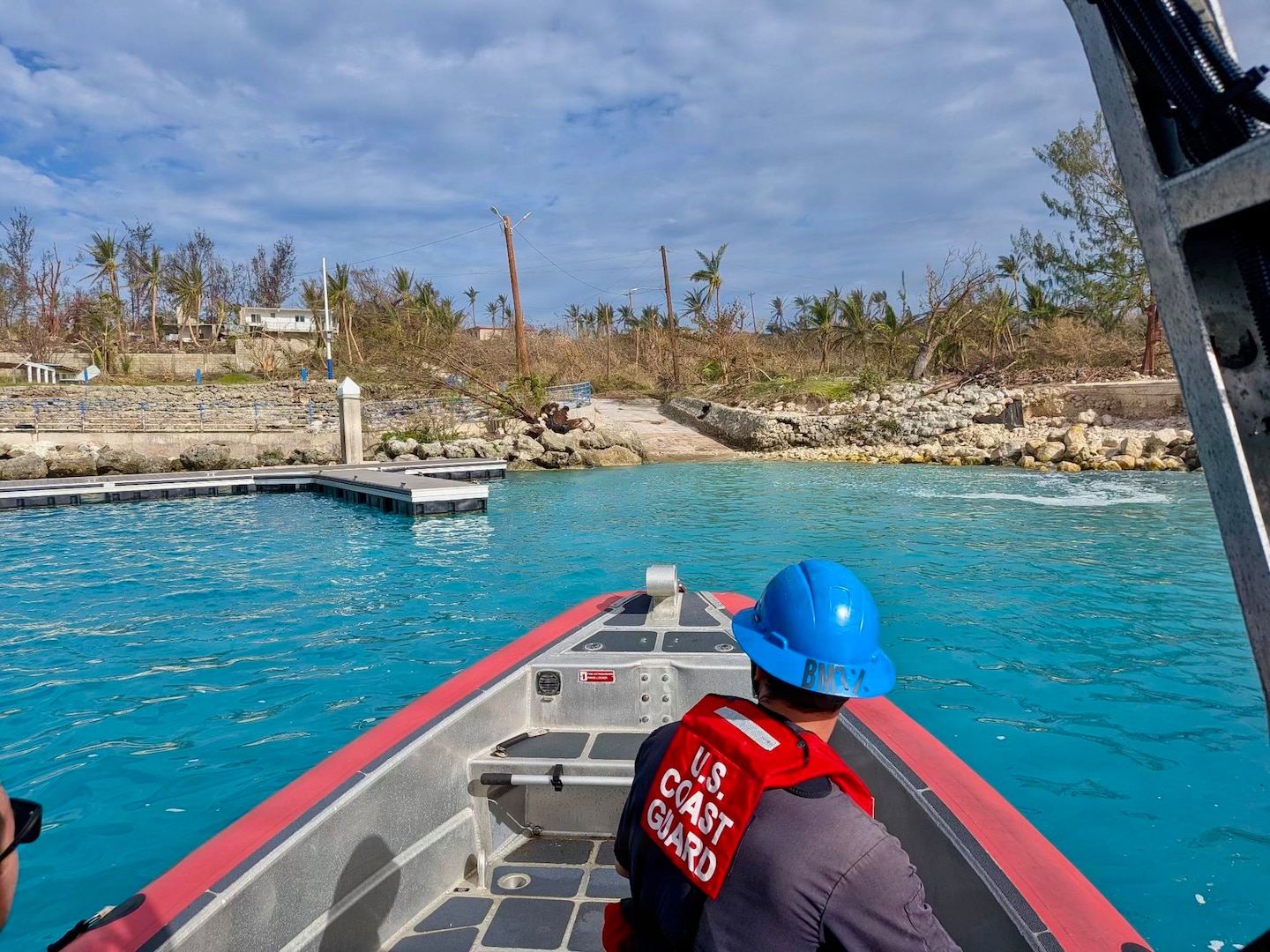 The USCGC Myrtle Hazard (WPC 1139) crew conducts assessments in the harbor of Rota on July 9, 2026, to gauge damage from Super Typhoon Bavi. U.S. Coast Guard crews continue to assess and rectify discrepancies to aids to navigation, waterways, and channel conditions across the Marianas following Super Typhoon Bavi. (U.S. Coast Guard photo by Lt. Drew Lovullo)