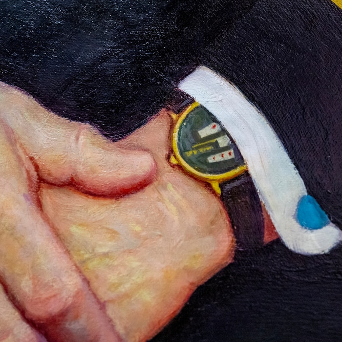 260701-N-IX644-1001 (July 1, 2026) FALLS CHURCH, Va. A detail of a watch from an oil painting of U.S. Navy Vice Adm. James Zimble, who was the 30th Navy Surgeon General from 1987-1991. Zimble saw both USNS Mercy (T-AH 19) and USNS Comfort (T-AH 20) deploy to the Persian Gulf together for the first time in their history, and requested that artist Ming Qin paint the detail of both hospital ships into his official portrait. Navy Medicine's 44,000+ talented and ready forces optimize health readiness, deliver quality healthcare, and provide global expeditionary medical support to warfighters. (U.S. Navy photo by Mass Communication Specialist 2nd Class Sasha Ambrose)