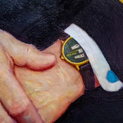 260701-N-IX644-1001 (July 1, 2026) FALLS CHURCH, Va. A detail of a watch from an oil painting of U.S. Navy Vice Adm. James Zimble, who was the 30th Navy Surgeon General from 1987-1991. Zimble saw both USNS Mercy (T-AH 19) and USNS Comfort (T-AH 20) deploy to the Persian Gulf together for the first time in their history, and requested that artist Ming Qin paint the detail of both hospital ships into his official portrait. Navy Medicine's 44,000+ talented and ready forces optimize health readiness, deliver quality healthcare, and provide global expeditionary medical support to warfighters. (U.S. Navy photo by Mass Communication Specialist 2nd Class Sasha Ambrose)