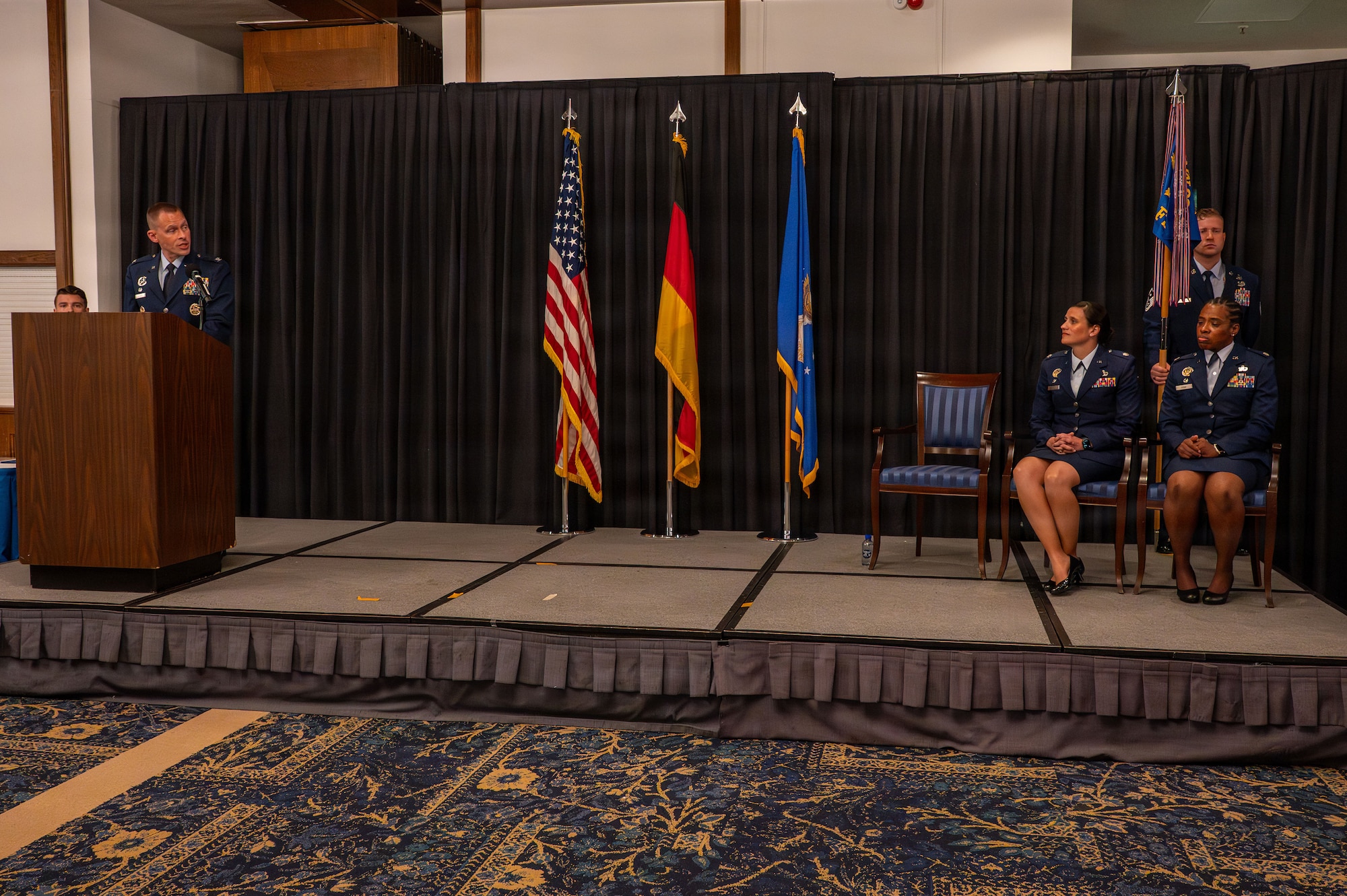 Col. Jason L. Schenck, 86th Mission Support Group commander, provides remarks during a change of command ceremony