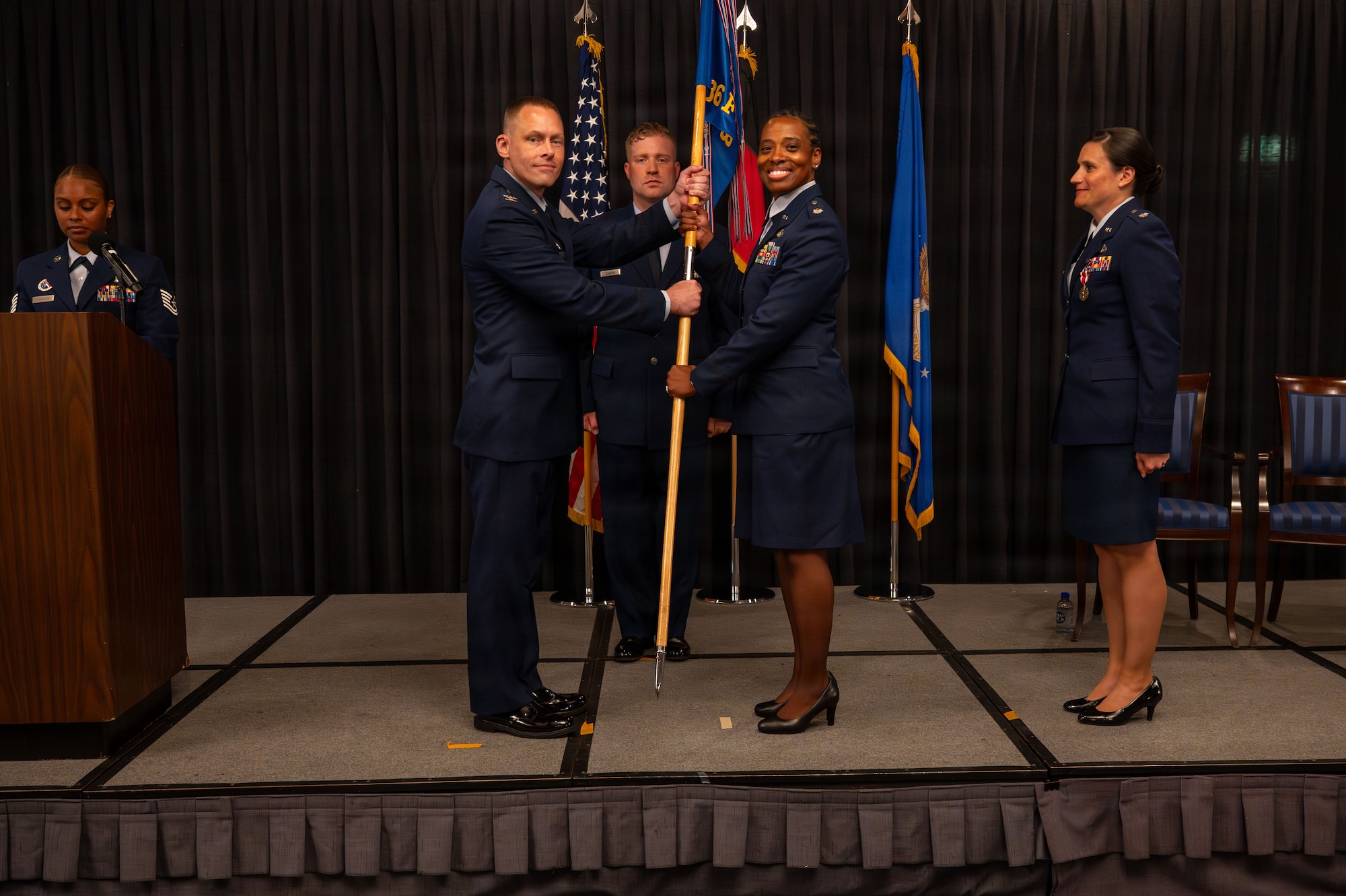 Col. Jason L. Schenck, 86th Mission Support Group commander, transfers command to Lt. Col. Fenesha L. Friar.