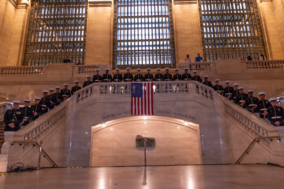 U.S. Marines assigned to the Marine Corps Silent Drill Platoon pose for a group photo after a performance at Grand Central Station as part of International Naval Review 250 in Manhattan, July 6, 2026. For 250 years, the U.S. Navy and Marine Corps stood watch – constant, unabated in mission, faithfully preventing crisis and resolute in defending America’s independence. INR 250 honors the Navy, Marine Corps, and Coast Guard’s enduring role on, under, and above the seas. (U.S. Marine Corps photo by Sgt. Andrew King)