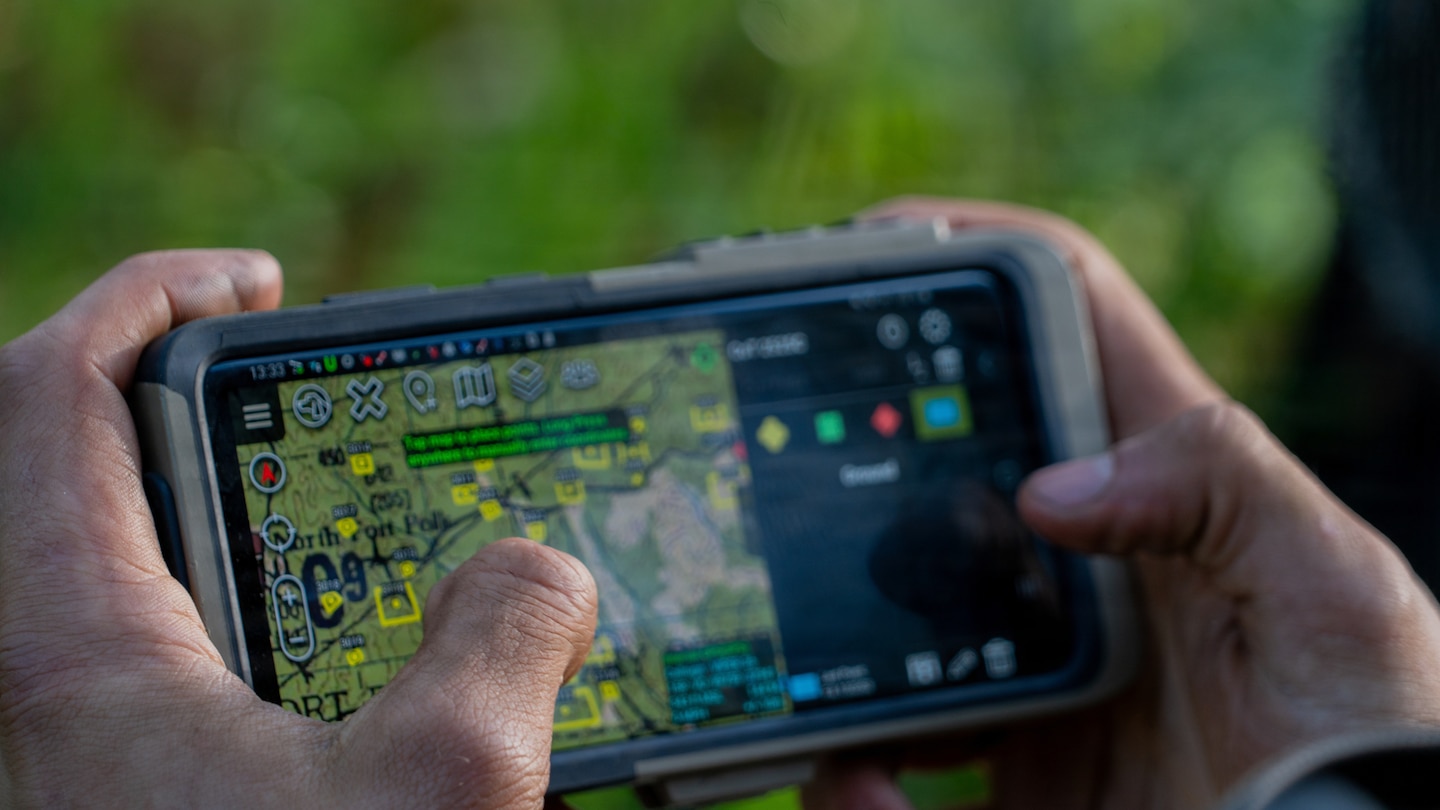 U.S. Army 1st Lt. Tim Boulet, assigned to the Multi-Functional Reconnaissance Company, 3rd Mobile Brigade Combat Team, 101st Airborne Division (Air Assault), develops a route plan using the Android Tactical Assault Kit during a Joint Readiness Training Center rotation at Fort Polk, Louisiana, April 8, 2026. Boulet uses ATAK to plan movement and coordinate operations.