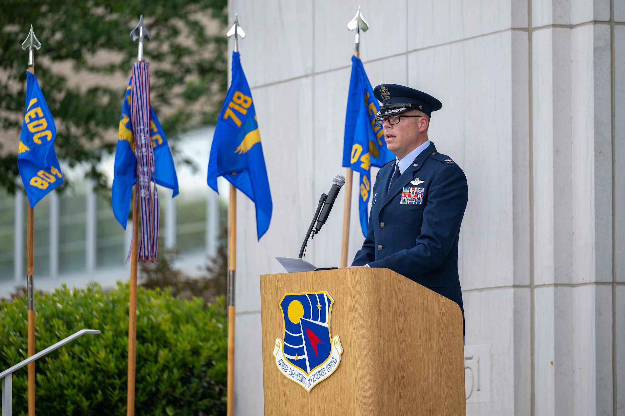 Col. Wayne Dirkes speaks following his introduction as the new Arnold Engineering Development Complex commander during a June 27, 2026, Change of Command ceremony at Arnold Air Force Base, Tenn., headquarters of AEDC. The ceremony took place during the AEDC 75th anniversary open house celebration held on the same date at Arnold AFB. Prior to his latest assignment, Dirkes commanded the 704th Test Group, a unit of AEDC headquartered at Holloman Air Force Base, N.M. Dirkes is a command pilot with more than 2,270 flight hours in more than two dozen different aircraft. He is the 34th commander to lead AEDC. (U.S. Air Force photo by Keith Thornburgh)