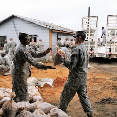 HEPHZIBAH, Ga, October 4, 2015 - A Georgia State Defense Force Volunteer passes a sandbag to a Georgia Army National Guard Soldier during a flood preparation mission near Augusta. More than 200 members of the Ga Department of Defense, including 125 Guardsmen, 40 State Defense Force personnel, and 30 cadets from the Fort Gordon Youth Challenge Academy labored for eight hours to fill 8,000 sandbags. The sandbags will be used to protect citizens of Georgia and South Carolina from rising flood waters following rains from Hurricane Joaquin. Georgia State Defense Force photo by Chief Warrant Officer 2 W. Kevin Ward / released