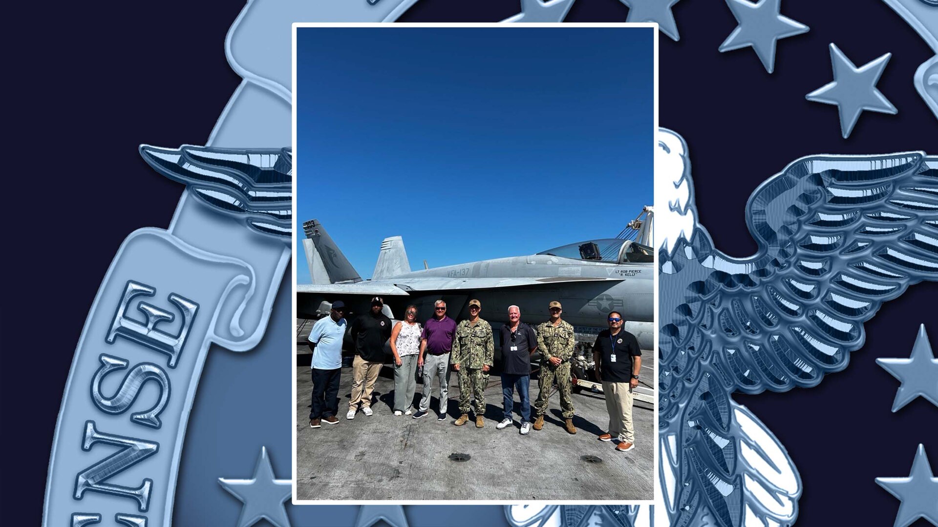 Photos of members of the Defense Logistics Agency Weapons Support at Jacksonville team standing in front of a FA/18 Super Hornet