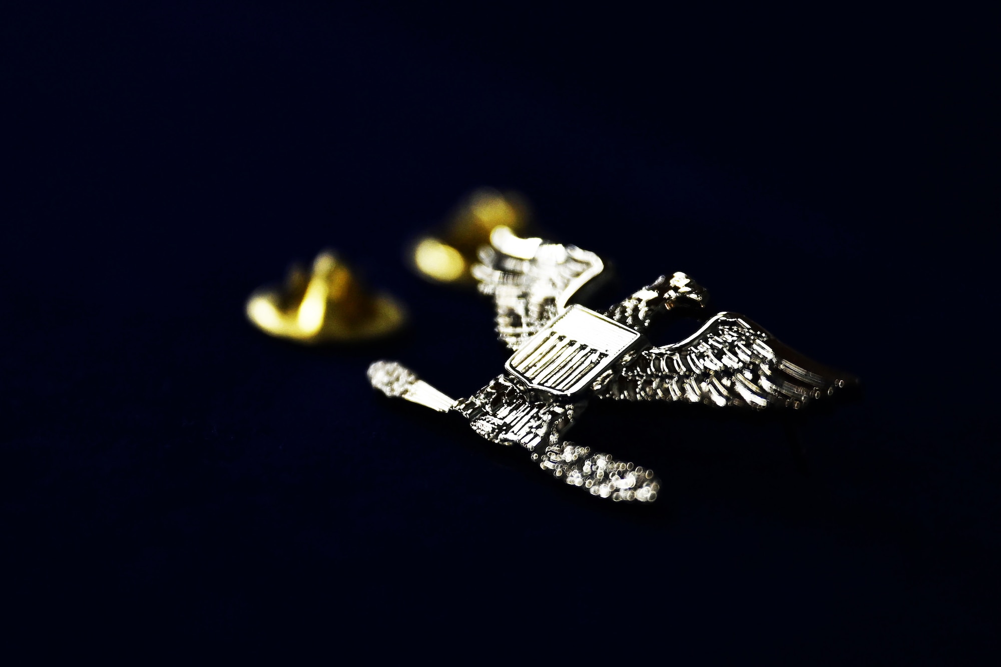 A small metal insignia pin displaying the rank of a full-bird colonel rests on a presentation board.