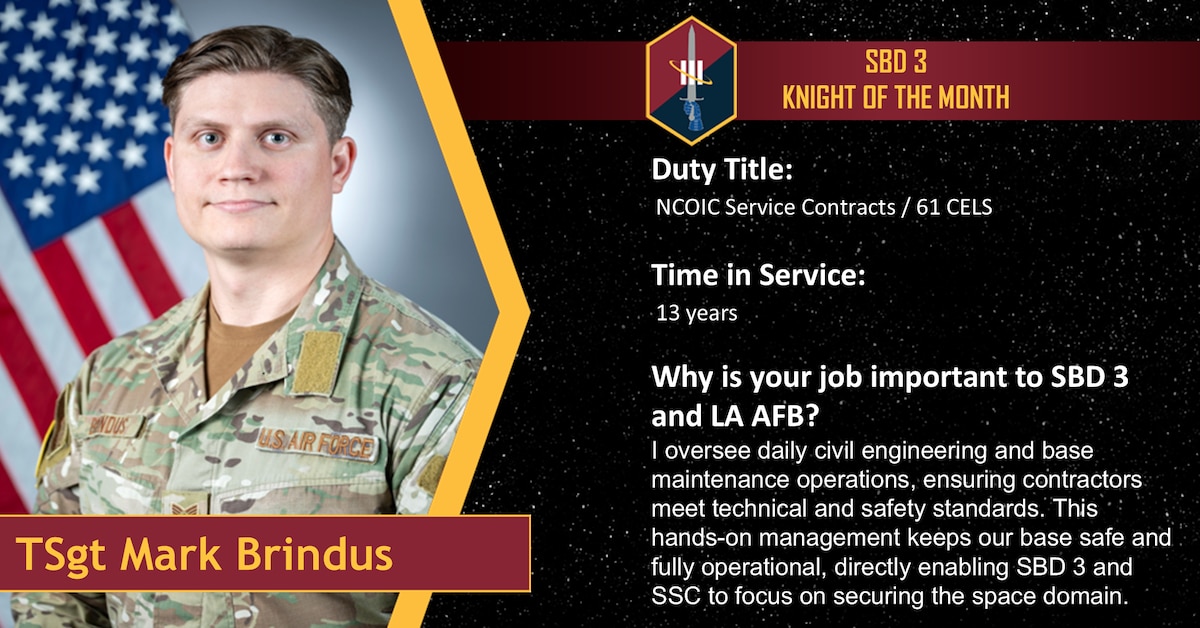 Tech. Sgt. Mark Brindus, 61st Civil Engineering and Logistics Squadron NCOIC of Service Contracts, is recognized as the July 2026 Knight of the Month at Los Angeles Air Force Base, California July 8, 2026.