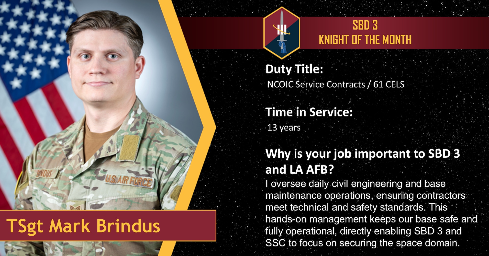 Tech. Sgt. Mark Brindus, 61st Civil Engineering and Logistics Squadron NCOIC of Service Contracts, is recognized as the July 2026 Knight of the Month at Los Angeles Air Force Base, California July 8, 2026.