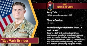 Tech. Sgt. Mark Brindus, 61st Civil Engineering and Logistics Squadron NCOIC of Service Contracts, is recognized as the July 2026 Knight of the Month at Los Angeles Air Force Base, California July 8, 2026.