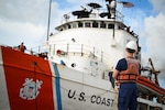 Coast Guard Cutter Venturous (WMEC-625) arrives to offload illegal narcotics at Base Miami Beach, Florida, May 2, 2025. The seized contraband was the result of four interdictions in the Caribbean Sea by the crews of USCGC Diligence (WMEC-616) and HNLMS Groningen (P843) with an embarked Coast Guard law enforcement detachment. (U.S. Coast Guard photo by Petty Officer 3rd Class Jessica Walker)