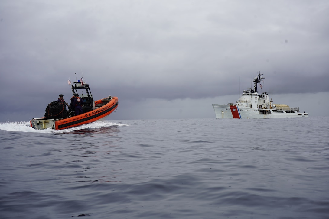 A small boat crew returns to USCGC Venturous (WMEC 625) following counter-drug operations in the Eastern Pacific Ocean, Aug. 16, 2025. These operations continue the Coast Guard's efforts to protect the Homeland, project maritime law enforcement presence and disrupt transnational criminal organizations and cartels seeking to produce and traffic illicit drugs into the United States. (U.S. Coast Guard photo)