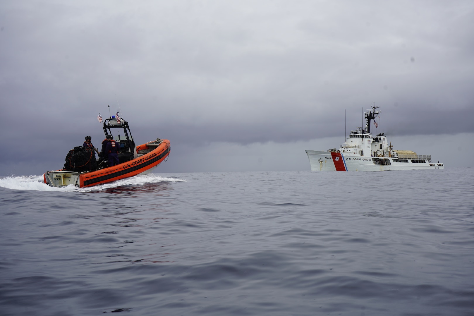 A small boat crew returns to USCGC Venturous (WMEC 625) following counter-drug operations in the Eastern Pacific Ocean, Aug. 16, 2025. These operations continue the Coast Guard's efforts to protect the Homeland, project maritime law enforcement presence and disrupt transnational criminal organizations and cartels seeking to produce and traffic illicit drugs into the United States. (U.S. Coast Guard photo)