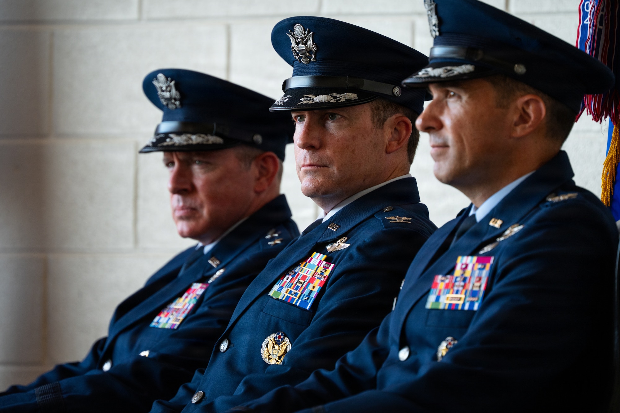 From left, U.S. Air Force Maj. Gen. Charles Bolton, Eighteenth Air Force commander, Col. Justin Diehl, outgoing 317th Airlift Wing commander, and incoming commander Col. Christopher Welch arrive at a change of command ceremony at Dyess Air Force Base, Texas, July 8, 2026. The change of command ceremony is a time-honored tradition that begins with the arrival of the official party. (U.S. Air Force photo by Senior Airman Jade M. Caldwell)