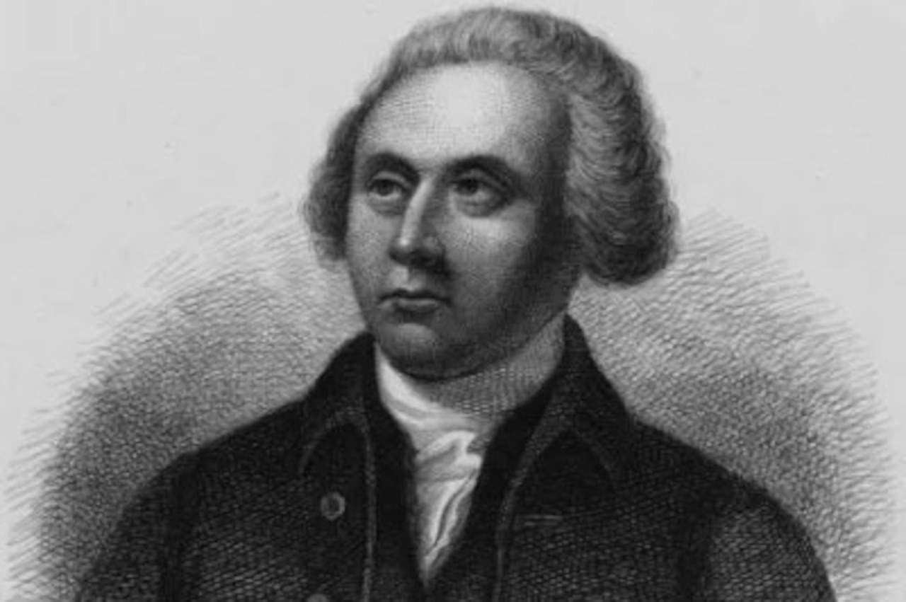 A black-and-white illustration of a man in colonial attire.