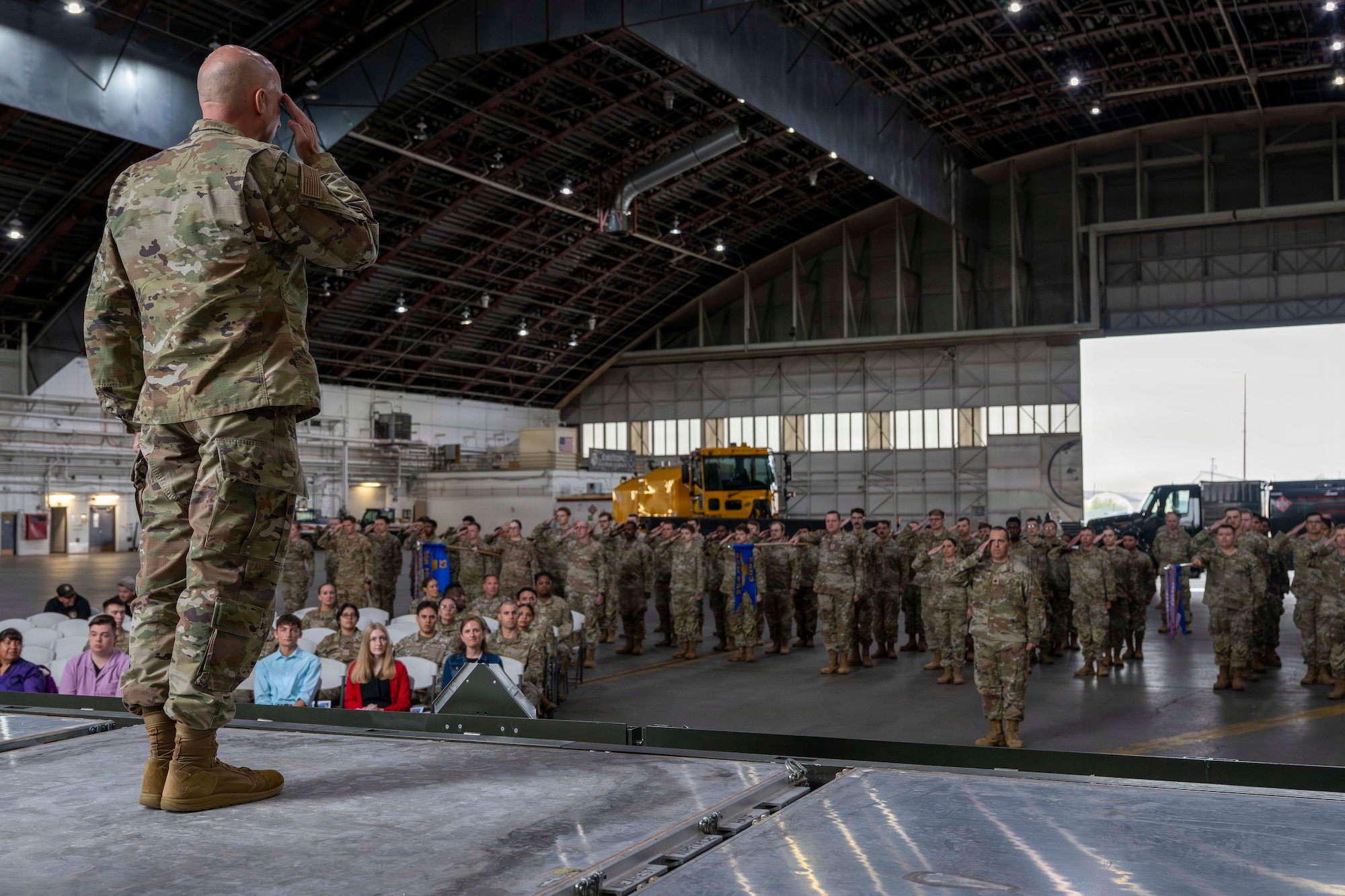 U.S. Air Force Col. Allen Branco, 354th Mission Support Group commander, renders his first salute to members of the 354th MSG during a change of command ceremony at Eielson Air Force Base, Alaska, July 9, 2026.