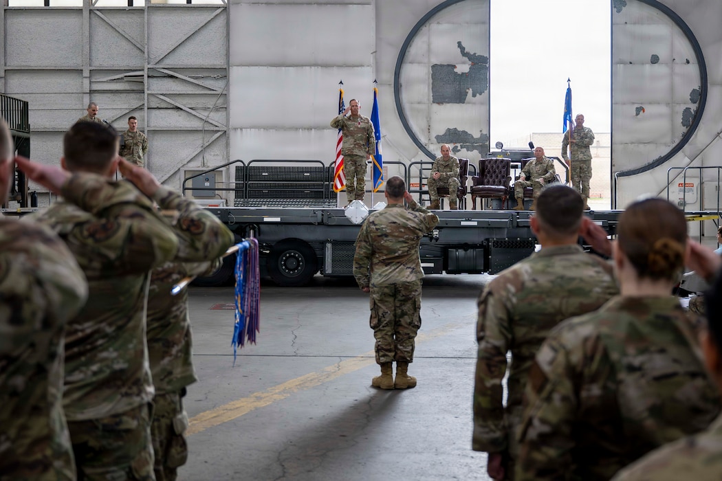 U.S. Air Force Col. Timothy Foster, 354th Mission Support Group commander, renders his final salute to members of the 354th MSG during a change of command ceremony at Eielson Air Force Base, Alaska, July 9, 2026.