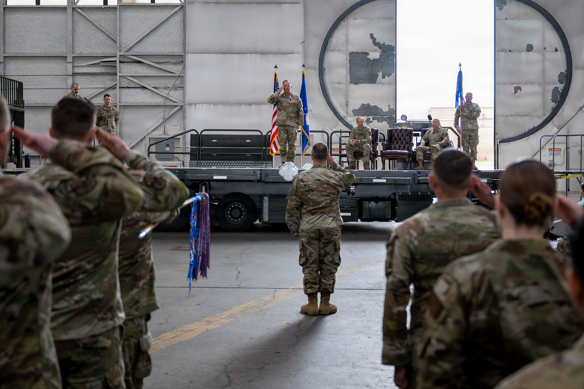 U.S. Air Force Col. Timothy Foster, 354th Mission Support Group commander, renders his final salute to members of the 354th MSG during a change of command ceremony at Eielson Air Force Base, Alaska, July 9, 2026.
