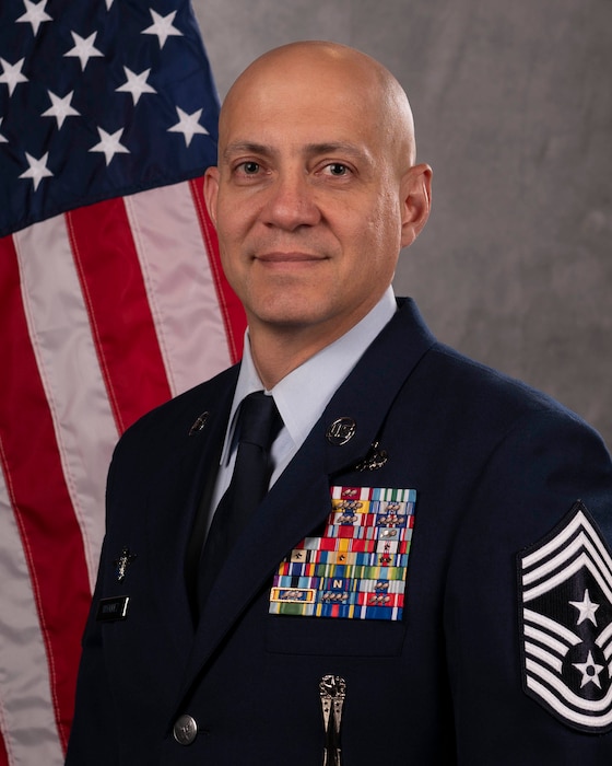 Chief Master Sgt Gerardo Marquez Jr., 366th Fighter Wing Command Chief, poses for an official photo at Mountain Home Air Force Base, Idaho, July 9, 2026.