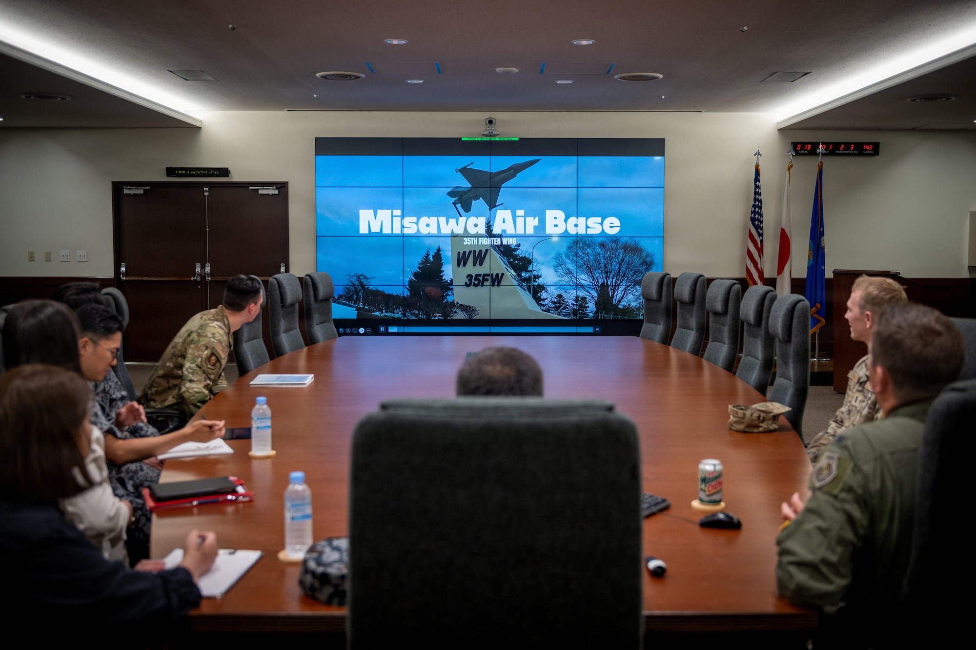A mission brief outlines the 35th Fighter Wing’s capabilities during an immersion tour for the Japan Air Self-Defense Force (JASDF) 3rd Air Wing commander.