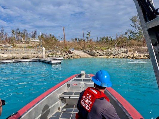 The USCGC Myrtle Hazard (WPC 1139) crew conducts assessments in the harbor of Rota on July 9, 2026, to gauge damage from Super Typhoon Bavi. U.S. Coast Guard crews continue to assess and rectify discrepancies to aids to navigation, waterways, and channel conditions across the Marianas following Super Typhoon Bavi. (U.S. Coast Guard photo by Lt. Drew Lovullo)