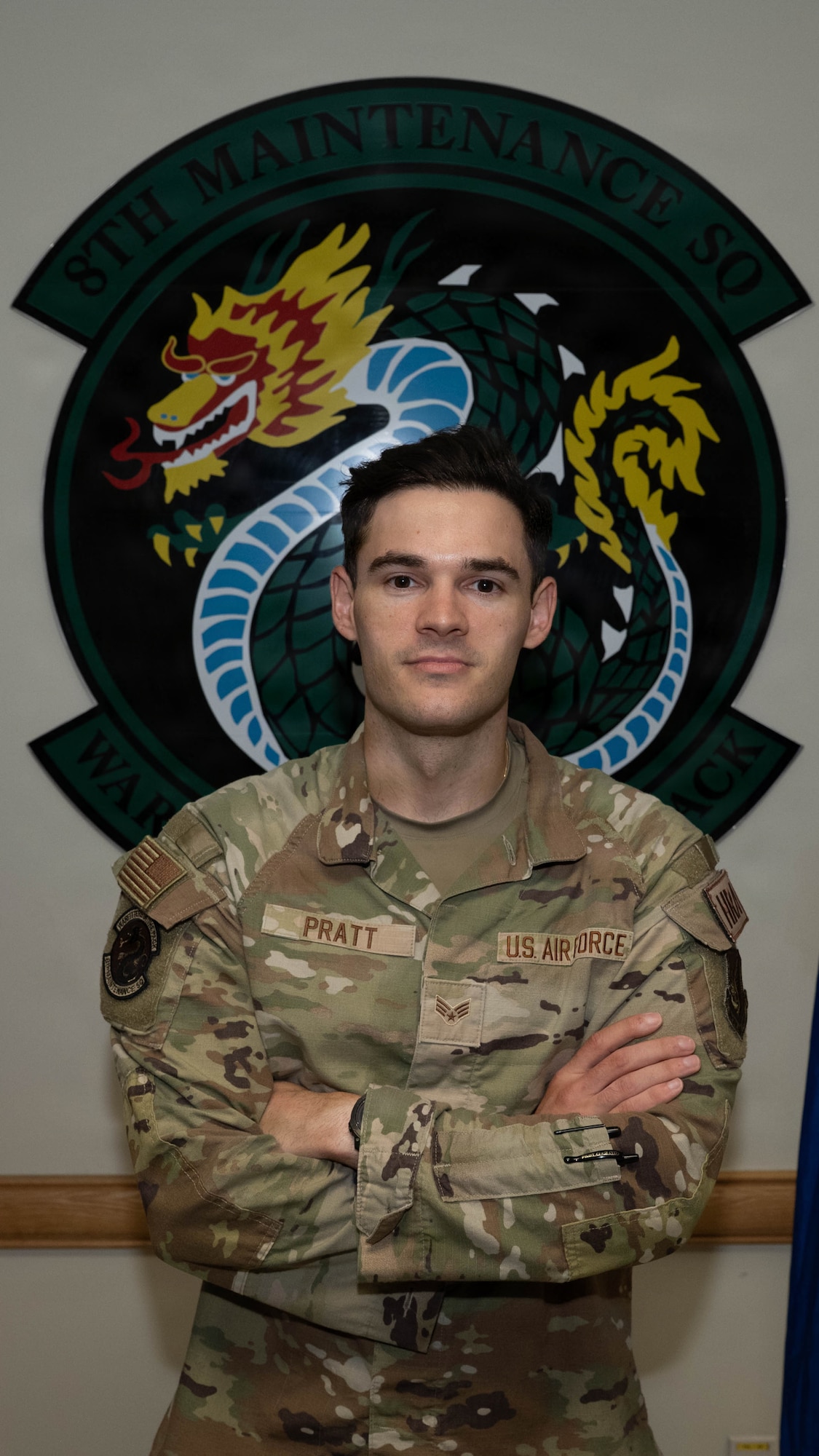 U.S. Air Force Senior Airman Brandon Pratt, 8th Maintenance Group commander’s support staff supervisor, poses for a photo at Kunsan Air Base, Republic of Korea, July 9, 2026. Pratt was selected as the Wolf Pack’s "Pride of the Pack" for the week of July 6-10 due to his career field achievements and his impact on the base's readiness and well-being. (U.S. Air Force photo by Senior Airman Tabatha Chapman)