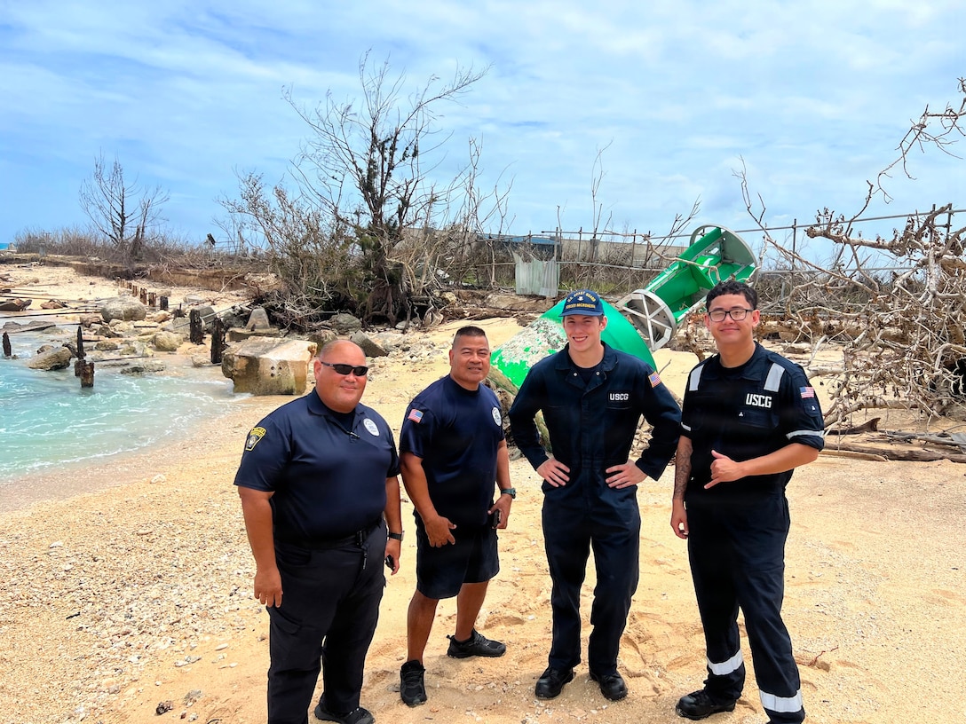 A U.S. Coast Guard assessment team, in coordination with the Commonwealth Ports Authority and Department of Public Safety, gauges typhoon damage in Tinian on July 9, 2026, allowing the Captain of the Port to partially lift restrictions, restoring maritime commerce flow to Tinian on July 10. The U.S. Coast Guard is coordinating with the Port of Guam and the Commonwealth Ports Authority to fully assess the ports, address already identified hazards as well as new issues following Super Typhoon Bavi. Multiple navigational aids are reportedly discrepant, off station, or simply missing. (U.S. Coast Guard photo by Lt. Gabe LaMartina)