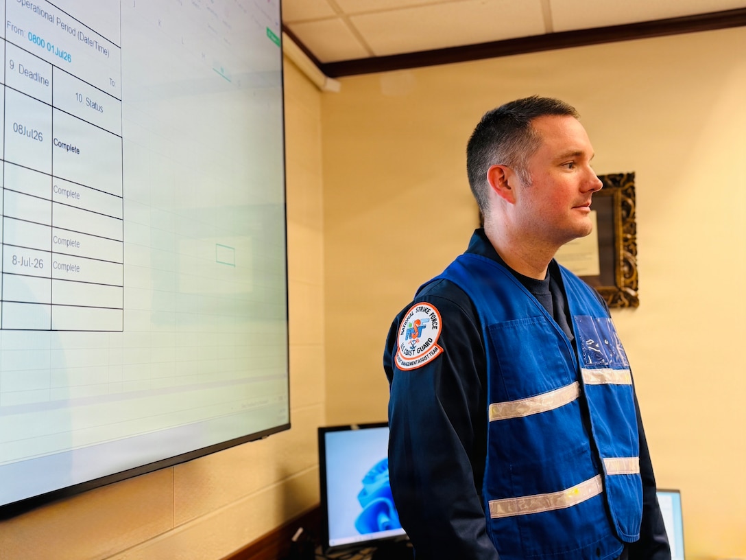 A U.S. Coast Guard Incident Management Team comprised of members from units around the country coordinates port recovery operations following Super Typhoon Bavi from U.S. Coast Guard Forces Micronesia/Sector Guam in Santa Rita, Guam, on July 10, 2026. U.S. Coast Guard crews continue to assess and rectify discrepancies to aids to navigation, waterways, and channel conditions across the Marianas following Super Typhoon Bavi. (U.S. Coast Guard photo by Lt. Sara Muir)