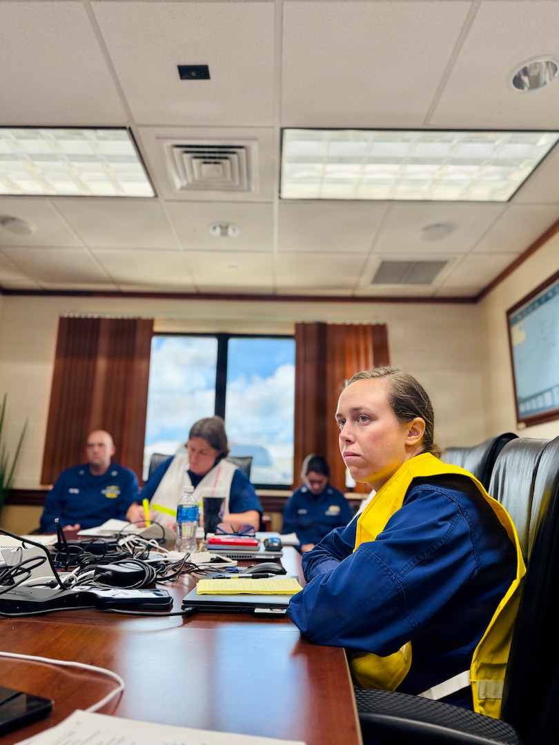 A U.S. Coast Guard Incident Management Team comprised of members from units around the country coordinates port recovery operations following Super Typhoon Bavi from U.S. Coast Guard Forces Micronesia/Sector Guam in Santa Rita, Guam, on July 10, 2026. U.S. Coast Guard crews continue to assess and rectify discrepancies to aids to navigation, waterways, and channel conditions across the Marianas following Super Typhoon Bavi. (U.S. Coast Guard photo by Lt. Sara Muir)