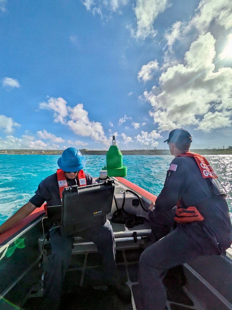 An aids to navigation positioner deployed with the USCGC Myrtle Hazard (WPC 1139) determines positions of aids in Tinian on July 10, 2026, allowing the Captain of the Port to partially lift restrictions, restoring maritime commerce flow to Tinian. The U.S. Coast Guard is coordinating with the Port of Guam and the Commonwealth Ports Authority to fully assess the ports, address already identified hazards as well as new issues following Super Typhoon Bavi. Multiple navigational aids are reportedly discrepant, off station, or simply missing. (U.S. Coast Guard photo by Lt. Drew Lovullo)