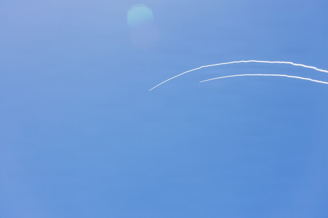 A U.S. Marine Corps Medium-Range Intercept Capability system fires interceptor missiles at an aerial target during exercise VALIANT SHIELD 2026 at Mason Live Fire Training Range Complex, Guam, June 30, 2026. The MRIC provides a state-of-the-art missile system that defeats enemy cruise missiles and other manned and unmanned aerial threats. Exercises like VALIANT SHIELD allow Pacific Command Joint Forces the opportunity to integrate forces from all branches of service and with our allies to conduct precise, lethal, and overwhelming multi-axis, multi-domain effects that demonstrate the strength and versatility of the joint force and our commitment to a free and open Indo-Pacific. (U.S. Marine Corps photo by Gunnery Sgt. Scott Smolinski)