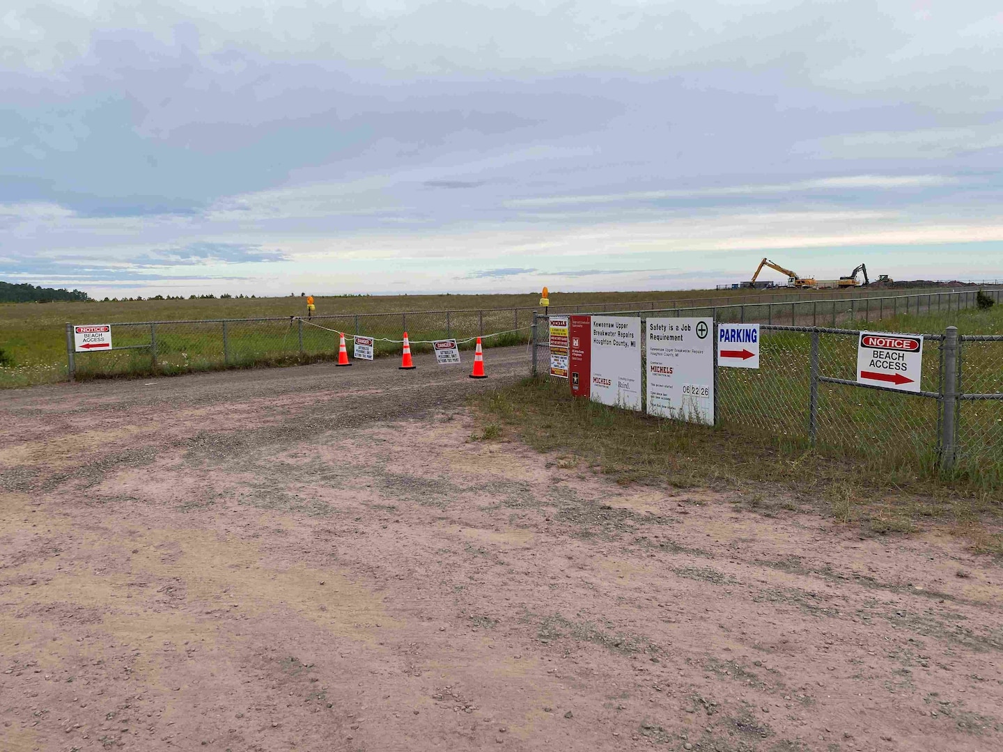 The closed Keweenaw Waterway Upper Entrance, seen here on July 7, 2026, will remain closed through Oct. 1, while the U.S. Army Corps of Engineers, Detroit District continues improvements to the breakwater. All beach visitors are asked to park near the Picnic Pavilion located at 55745 Canal Road, Houghton, Michigan. (U.S. Corps of Engineers photo.)