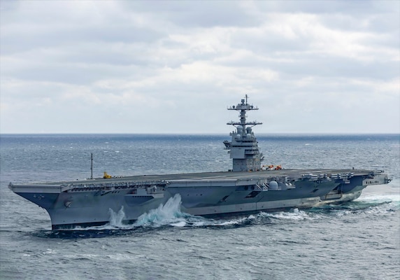Pre-Commissioning Unit John F. Kennedy (CVN 79) transits the Atlantic Ocean during Builder's Sea Trials, Jan. 28, 2026. Builder’s Trials provide an opportunity to test ship systems and components at sea for the first time, and make required adjustments prior to additional underway testing.