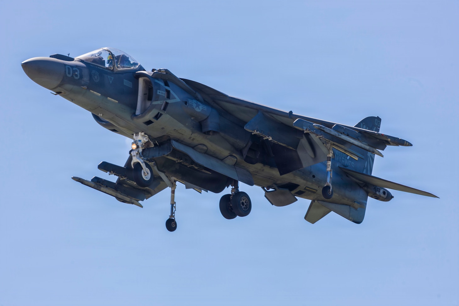 A U.S. Marine Corps AV-8B Harrier II with Marine Attack Squadron (VMA) 223, Marine Aircraft Group 14, 2nd Marine Aircraft Wing, flies over Marine Corps Air Station Cherry Point, North Carolina, June 3, 2026.  The “sundown” of the AV-8B Harrier II, an iconic aircraft that has supported joint and Marine Corps operations for over 40 years, also represents the dawn of a new era; it paves the way for 2nd MAW’s full transition to the F-35B and C Lightning II.  VMA-223 is the U.S. Marine Corps' last operational Harrier squadron.
