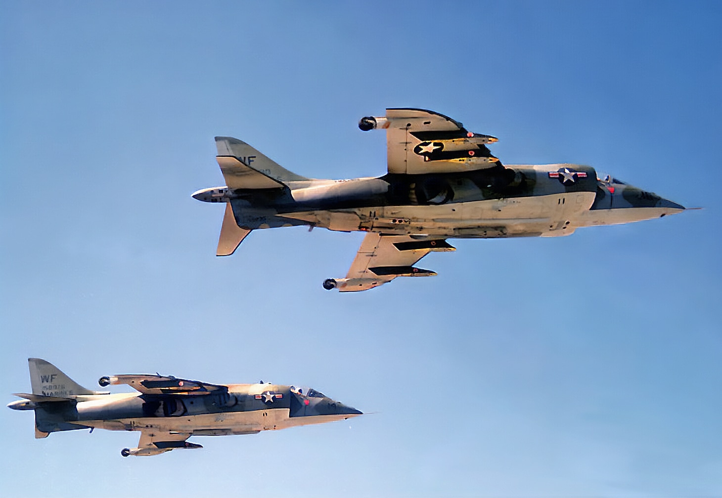 AV-8A Harriers of Marine Attack Squadron(VMA) 513 pictured in flight.