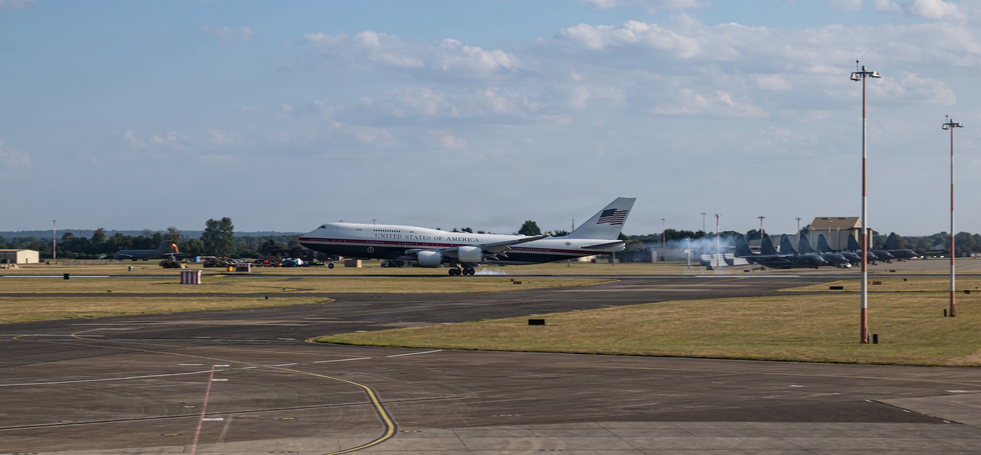 The Air Force’s VC-25B Bridge aircraft lands on the flight line at RAF Mildenhall, England, July 8, 2026.