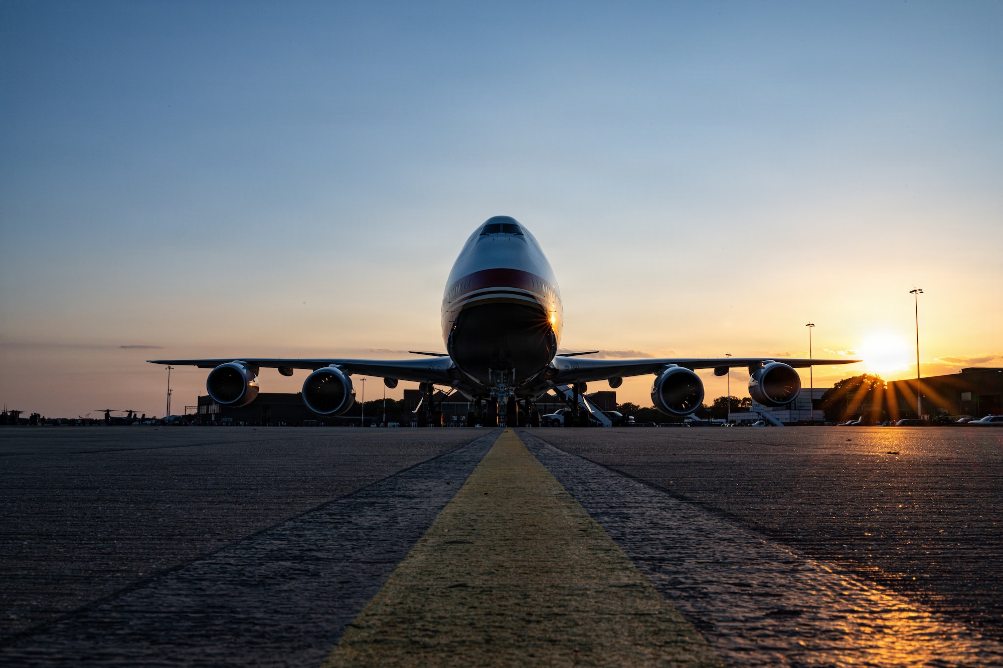The Air Force’s VC-25B Bridge aircraft is parked on the flightline at RAF Mildenhall, England, July 8, 2026.