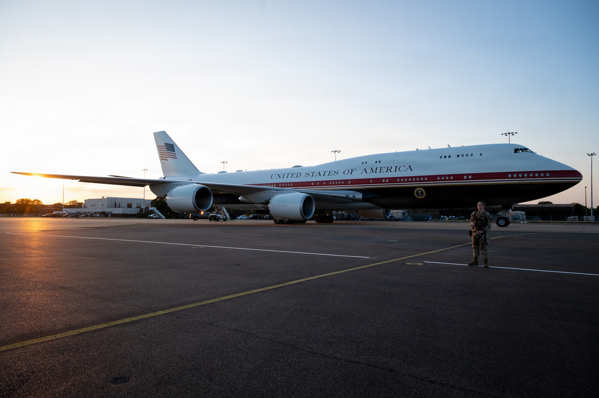 The Air Force’s VC-25B Bridge aircraft is parked on the flightline at RAF Mildenhall, England, July 8, 2026.