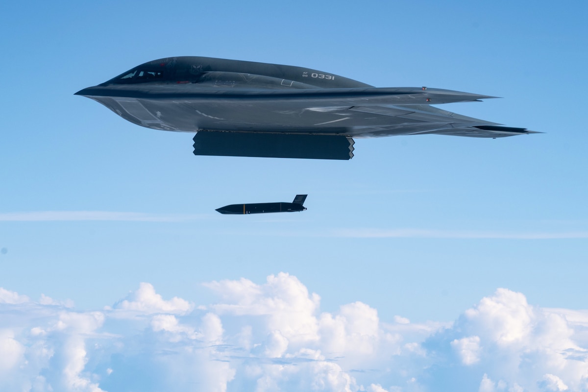 A U.S. Air Force B-2 Spirit assigned to the 509th Bomb Wing deploys an AGM-158C Long Range Anti-Ship Missile during a Valiant Shield 2026 live-fire sinking exercise over the Philippine Sea, June 27, 2026. Valiant Shield demonstrates joint force integration across the Indo-Pacific region. (U.S. Air Force photo by Tech. Sgt. Thomas Barley)