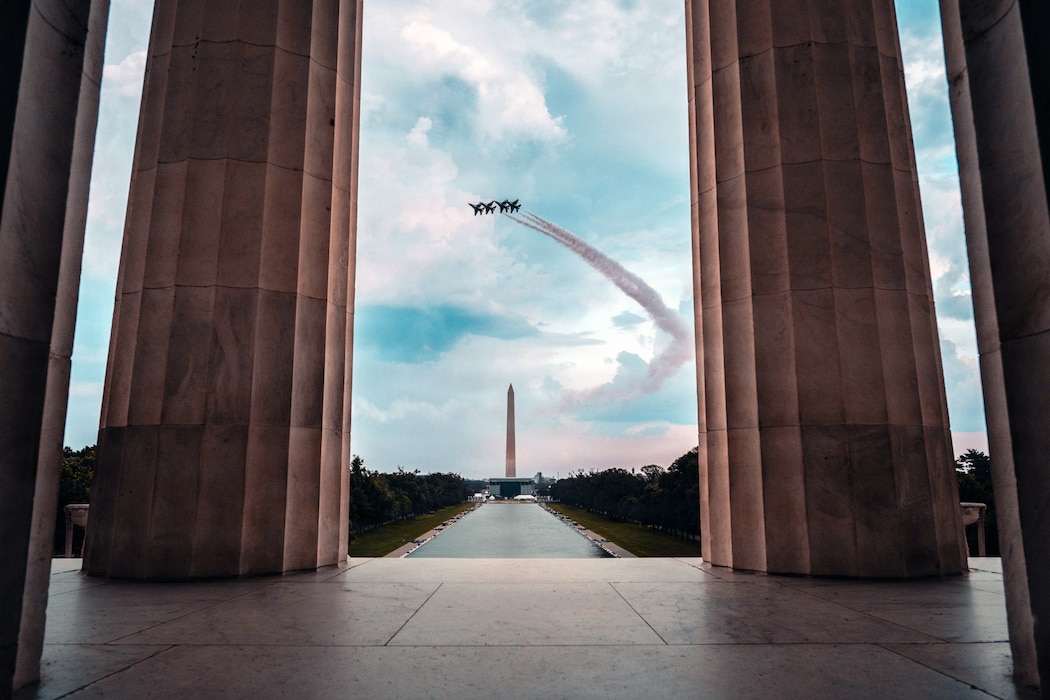 The U.S. Air Force Air Demonstration Squadron, “Thunderbirds,” conduct an aerial demonstration over the National Mall, as viewed from the Lincoln Memorial, in support of Salute to America 250 in Washington, D.C., July 4, 2026. The historic flyover celebrated the nation’s 250th birthday while showcasing the precision, professionalism and combat capability of the U.S. Air Force’s premier aerial demonstration team. (U.S. Air Force photo by AJ Bleyer)