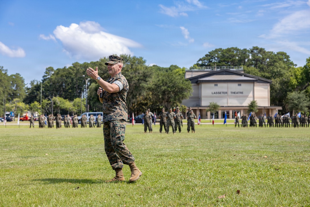 U.S. Marine Corps Sgt. Maj. Bryan M. Alfaro, out-going sergeant major, Marine Corps Air Station Beaufort, speaks during a Relief and Appointment Ceremony at MCAS Beaufort, South Carolina, July 1, 2026. The ceremony recognized Alfaro for his service, leadership and dedication to the unit while welcoming in-coming Sgt. Maj. Lacey J. Lewis. (U.S. Marine Corps photo by Cpl. Isabella Renaud)