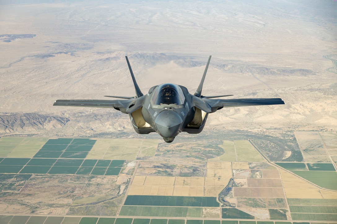 A U.S. Marine Corps F-35B Lightning II assigned to Marine Fighter Attack Training Squadron (VMFAT) 502, Marine Aircraft Group 11, 3rd Marine Aircraft Wing, performs flight maneuvers during an aerial refueling training mission over Southern California, May 14, 2024. VMFAT-502 and Marine Aerial Refueler Transport Squadron (VMGR) 352, MAG-11, conducted training that enabled F-35B Lightning II student pilots to achieve proficiency in air-to-air refueling operations. (U.S. Marine Corps photo by Sgt. Sean Potter)
