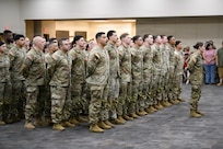 Arizona Army National Guard Soldiers assigned to the 855th Military Police Company in formation during their homecoming ceremony at Papago Park Military Reservation, Arizona, July 8, 2026.