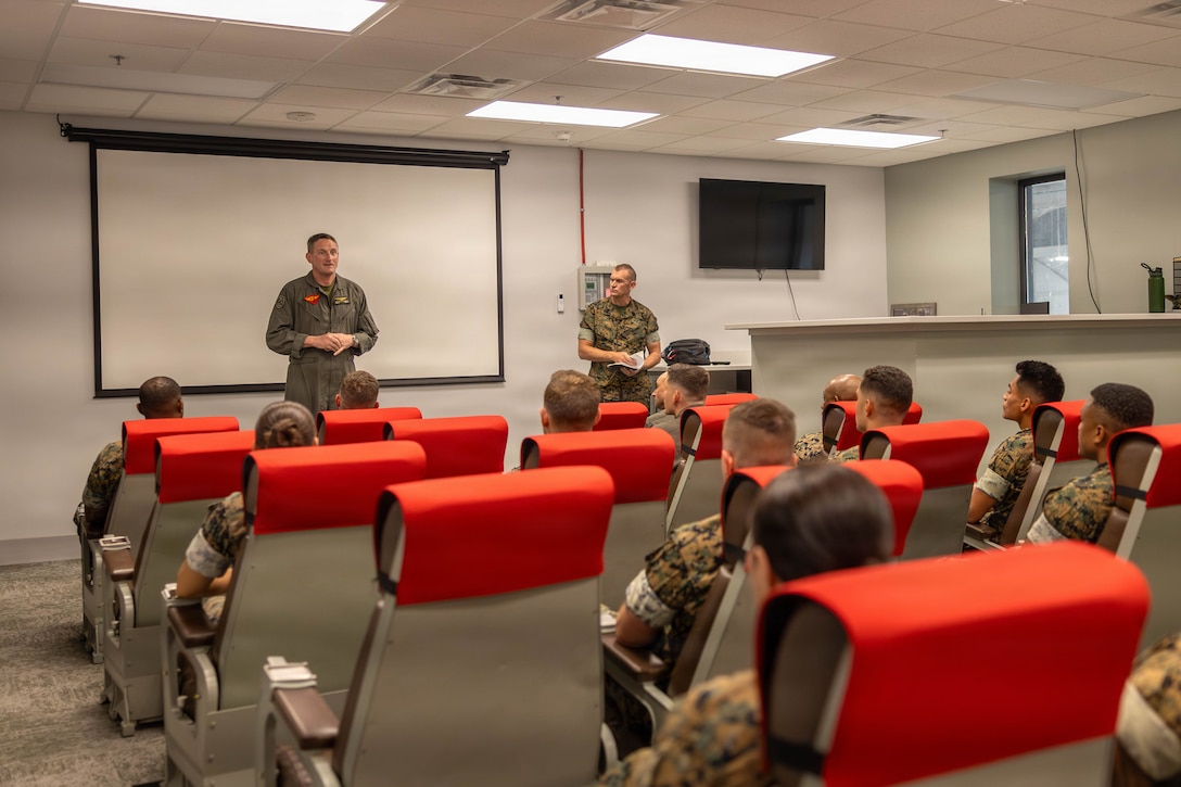 U.S. Marine Corps Brig. Gen. Patrick F. Tiernan, commanding general, 4th Marine Aircraft Wing, Marine Forces Reserve, speaks with Marines with Marine Fighter Training Squadron 402, Marine Aircraft Group 41, 4th Marine Aircraft Wing, at Marine Corps Air Station Beaufort, South Carolina, July 7, 2026. During the visit, Tiernan engaged in discussions regarding the future of Marine Fighter Training Squadron 402, fleet adversary support, Reserve Component support to the Active Component, and toured hangars, facilities, and barracks.