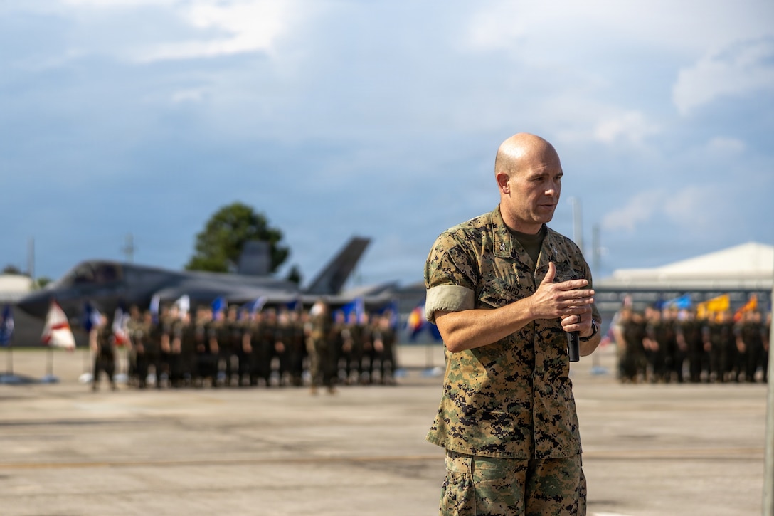 U.S. Marine Corps Col. Clayton D. Gard III, in-coming commanding officer, Marine Aircraft Group 31, 2nd Marine Aircraft Wing, speaks during a Change of Command ceremony at Marine Corps Air Station Beaufort, South Carolina, June 26, 2026. The ceremony recognized Col. Michael R. Cassidy for his service, leadership and dedication to the unit while welcoming Gard. (U.S. Marine Corps photo by Lance Cpl. Carl J. Walters)