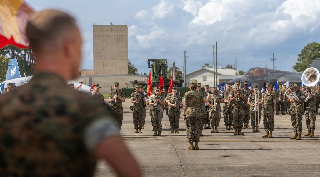 U.S. Marines with the Parris Island Marine Band perform during a Change of Command ceremony at Marine Corps Air Station Beaufort, South Carolina, June 26, 2026. The ceremony recognized Col. Michael R. Cassidy for his service, leadership and dedication to the unit while welcoming Col. Clayton D. Gard III. (U.S. Marine Corps photo by Lance Cpl. Carl J. Walters)