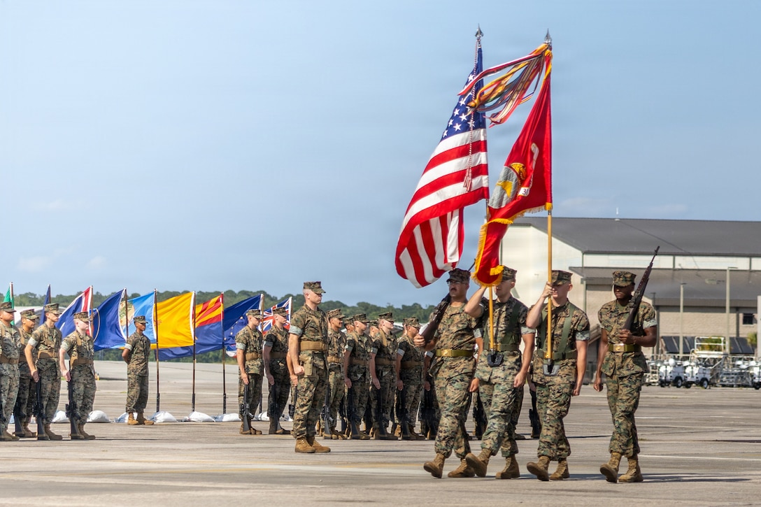 U.S. Marines with Marine Aircraft Group 31, 2nd Marine Aircraft Wing, march during a Change of Command ceremony at Marine Corps Air Station Beaufort, South Carolina, June 26, 2026. The ceremony recognized Col. Michael R. Cassidy for his service, leadership and dedication to the unit while welcoming Col. Clayton D. Gard III. (U.S. Marine Corps photo by Lance Cpl. Carl J. Walters)