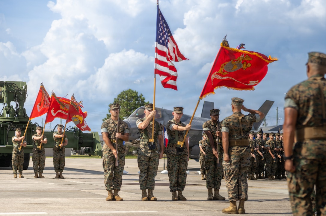 U.S. Marines with Marine Aircraft Group 31, 2nd Marine Aircraft Wing, stand in formation during a Change of Command ceremony at Marine Corps Air Station Beaufort, South Carolina, June 26, 2026. The ceremony recognized Col. Michael R. Cassidy for his service, leadership and dedication to the unit while welcoming Col. Clayton D. Gard III. (U.S. Marine Corps photo by Lance Cpl. Carl J. Walters)